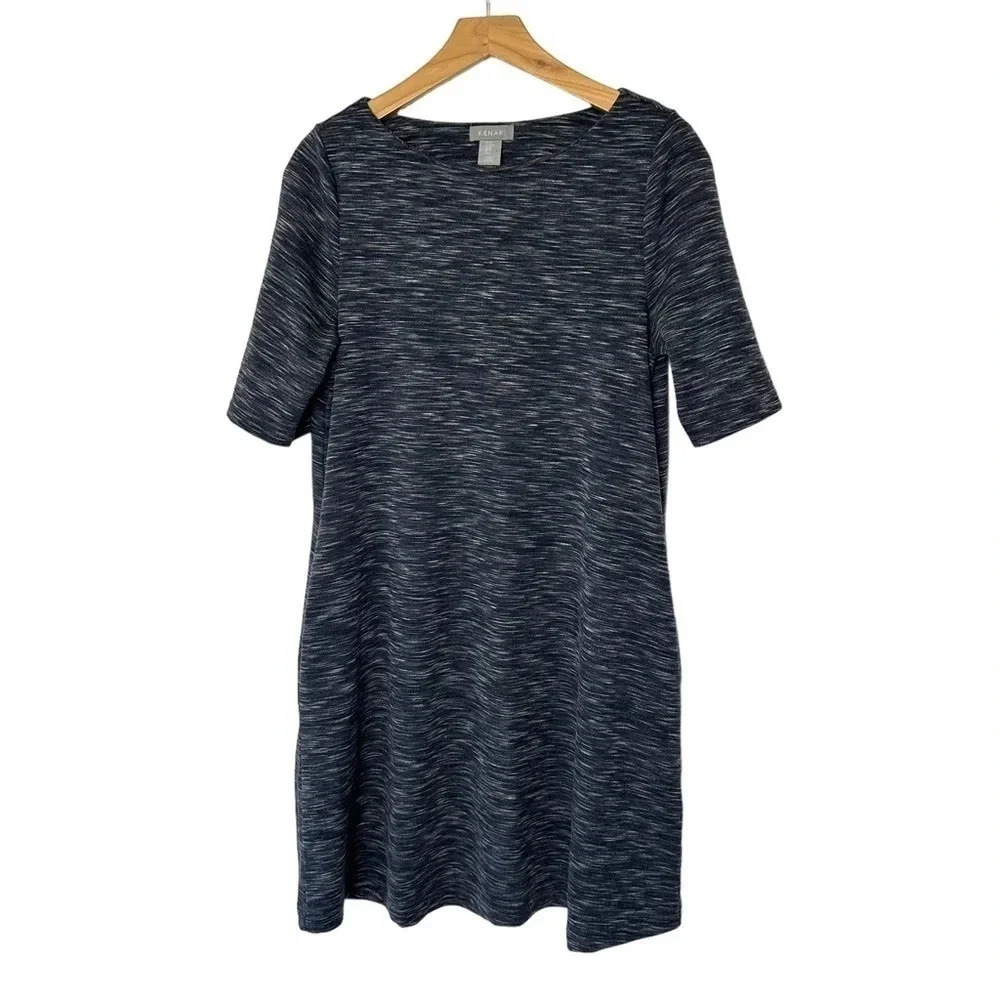 Kenar T-Shirt Dress XS Navy Blue Space Dye Short Sleeve Pockets Knit Shift